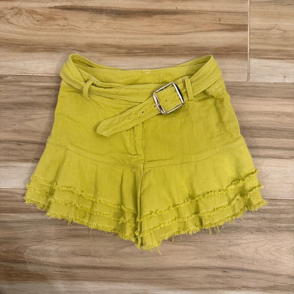 Alexis Pants - Alexis Lime Green Belted Ruffle Frayed Hem Shorts Size S Citron Linen Blend